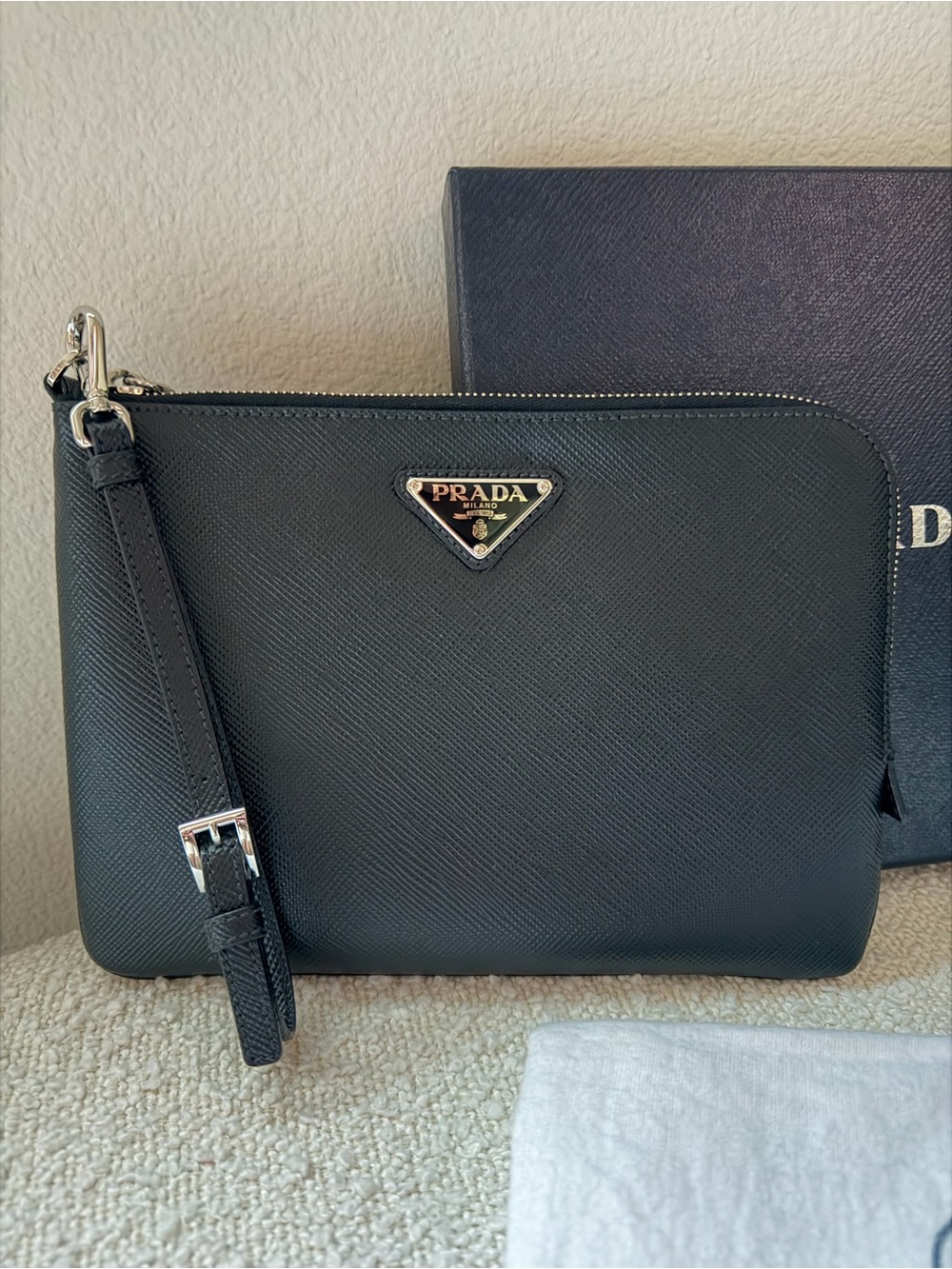 Prada Black Saffiano Leather Men’s Wrist Strap Pouch